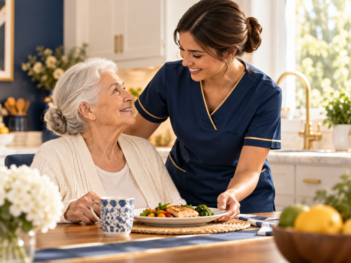 Caregiver helping with meal preparation and daily living support
