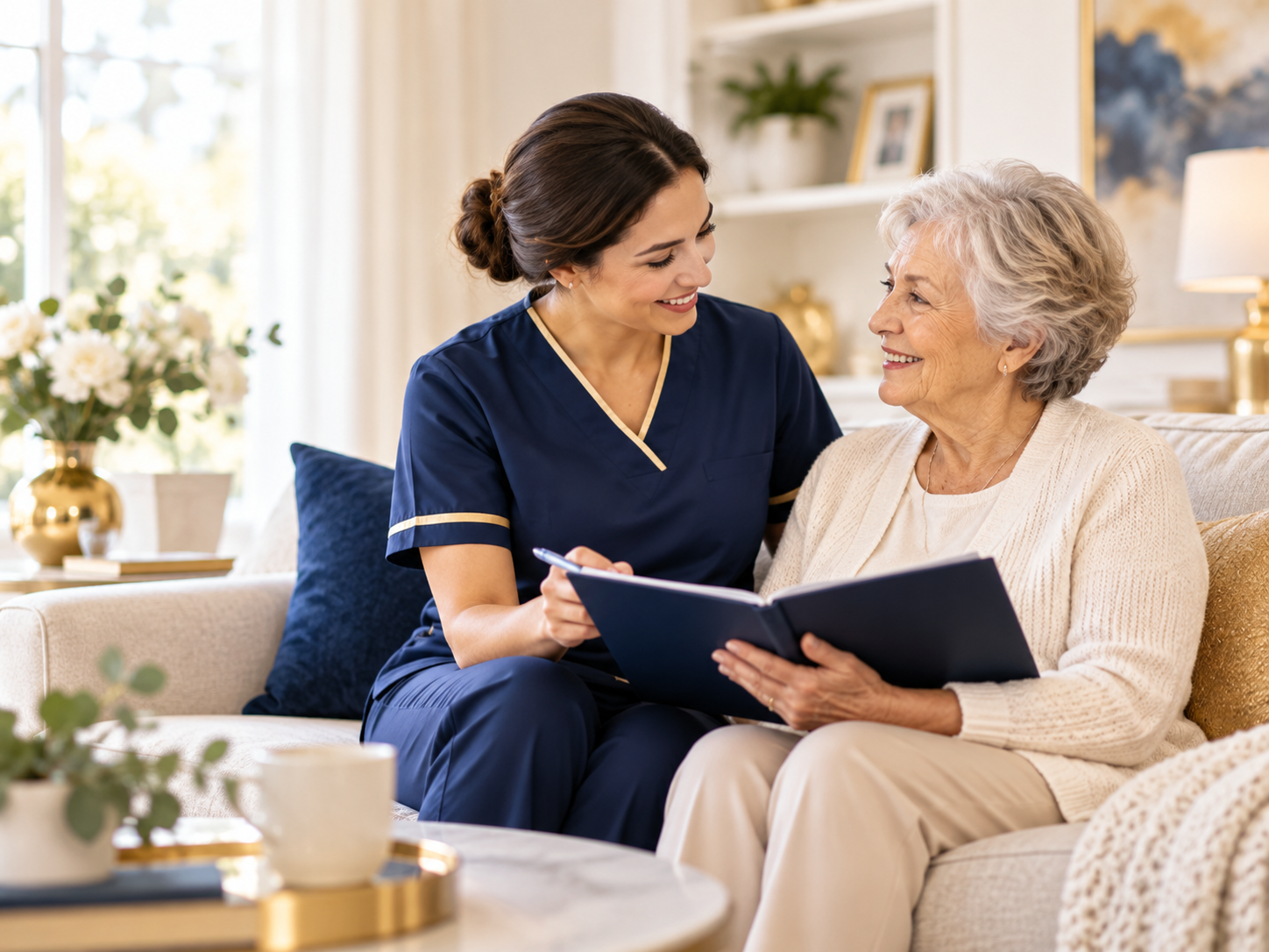 Caregiver reviewing a personalized care plan with an older adult at home