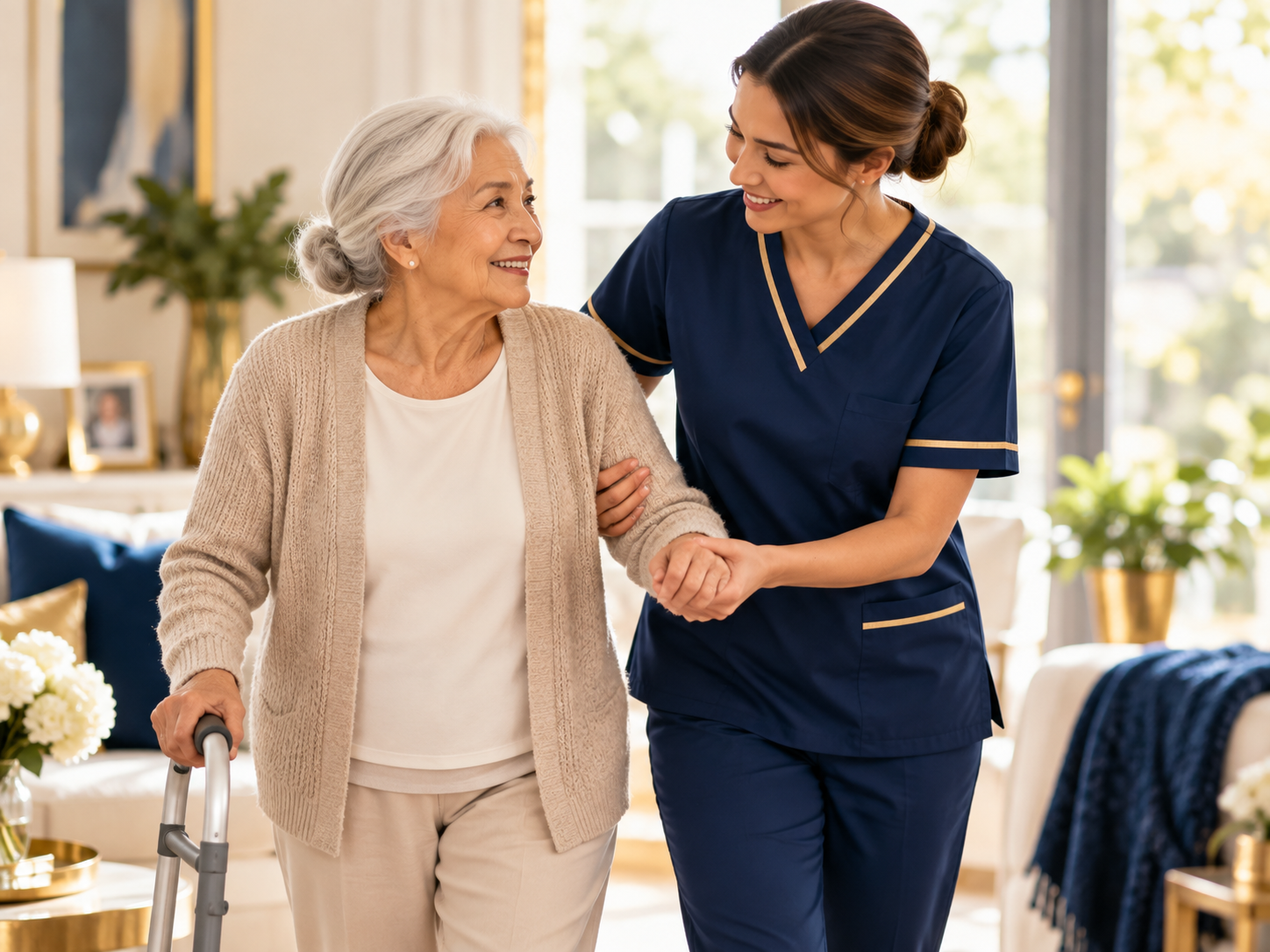Caregiver providing mobility support to an older adult